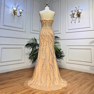 Champagne Luxury Mermaid Evening Dress - Long Gown with Half Puff Sleeves, Elegant for Women's Party