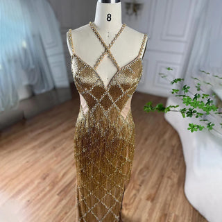 Dubai Silver Mermaid Evening Gown 2024 with Gold Beaded Tassel - Luxury Spaghetti Strap Party Dress for Women