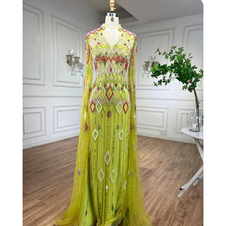 Dubai Designer Green Mermaid Arabic Evening Dress with Cape - Luxury Formal Gown for Women's Wedding Party