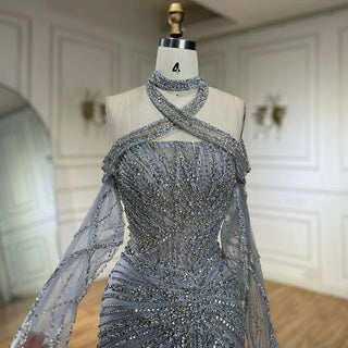 Ships in 1 to 3 Days - 2024 Arabic Gray Decorative Halter Mermaid Luxury Dubai Evening Gown Beaded Dress for Women's Party