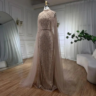 Ships in 1 to 3 Days - Modest Nude Mermaid Evening Dress with Cape Sleeves - Pearls Beaded Luxury Dubai Gown for 2024 Women's Wedding Party