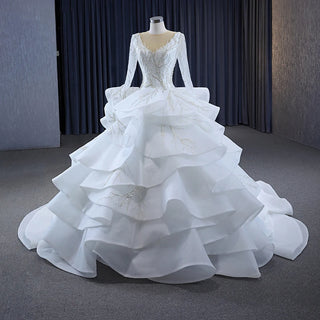 Luxury Long Sleeve Ruched Empire Bridal Wedding Ball Gown Dress