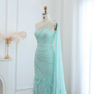 Luxury Feather Turquoise Aqua One Shoulder Mermaid Evening Dress with Cape Train Long Prom Wedding Party Gowns