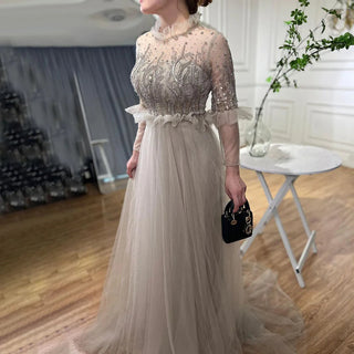 Caramel A-Line Crystal Beaded Evening Dress 2024 with O-Neck and Long Sleeves for Women's Wedding Party