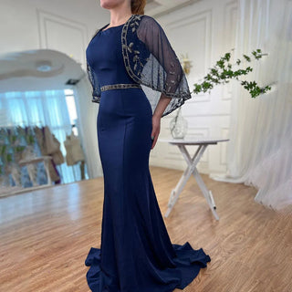 Navy Blue Satin Mermaid Elegant Evening Gown 2024 - Beaded Shawl Yarn Sexy Dress for Women's Party