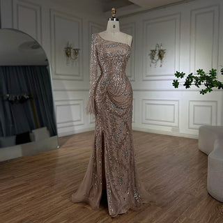 Dubai Nude One-Shoulder Luxury Beaded Feathers Split Mermaid Evening Dress - Gown for Women's Party