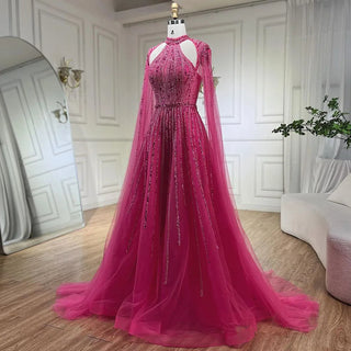 Arabic Fuchsia A-Line Cap Sleeve Beaded Luxury Dubai Evening Dress - Gown for Women's Wedding Party 2024