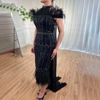 Gray Beaded Arabic Midi Ankle-Length Evening Dress with Cape Feather Gown: Elegant Attire for Women's Wedding Party 2024