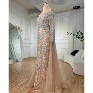 Ships in 1 to 3 Days - Nude Mermaid Evening Dress 2024 with Overskirt, Beaded Detailing, and High Split - Ideal for Women's Wedding Parties