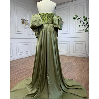 Ships in 1 to 3 Days - Arabic Olive Satin Mermaid Strapless Puff Sleeves Beaded Evening Dress - Gown for Women's Wedding Party 2024