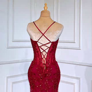 Wine Red Lace Up Mermaid Sexy Spaghetti Straps Beaded Arabic Evening Dress - Women's Party Gown 2024