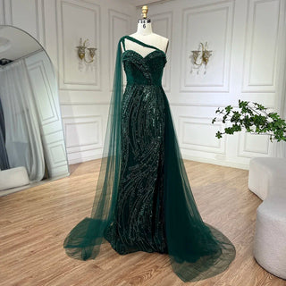 2024 Green One Shoulder Mermaid Evening Dress with Cape Overskirt: Perfect for Women's Wedding Party and Long Prom Formal Events