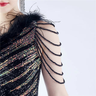 Gradient Sequin One-Shoulder Floor-Length Prom Dress with Ostrich Feathers