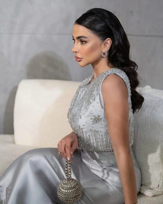 Saudi Beaded Gray Midi Formal Evening Dress for Arabic Occasion