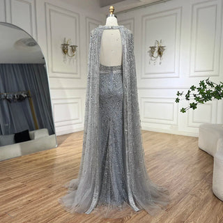 Ships in 1 to 3 Days - 2024 Luxury Dubai Gray Arabic Mermaid Beaded Evening Gown with Detachable Long Cape for Women's Party