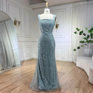 Turquoise Mermaid Evening Gown with Beaded Pearls, Spaghetti Straps, and Floor-Length Hem - Women's Party Dress 2024