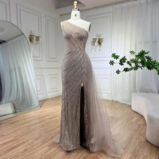 Seductive Caramel One-Shoulder High Split Mermaid Evening Gown with Beaded Overskirt for Women's Party