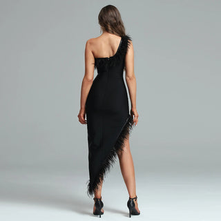 High-Quality Asymmetric Feather Open Back Bandage Dress - One-Shoulder Sleeveless Dress