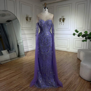 2024 Arabic Lilac Cape Sleeve Mermaid Luxury Dubai Evening Gown Beaded Dress for Women's Party