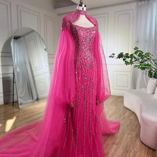 Dubai Caramel Dream: 2024 Mermaid Long Cloak Beaded Pearls Luxury Evening Gown - Dress for Women's Wedding Party