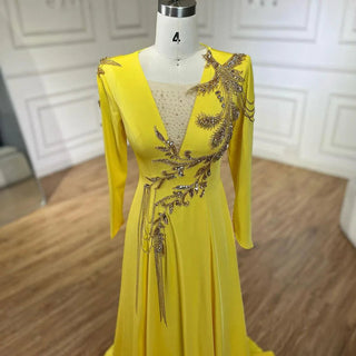 Ships in 1 to 3 Days - Luxury Dubai Arabic Yellow Mermaid Elegant Tassel Beaded Evening Dresses Gowns For Women Wedding Party 2024