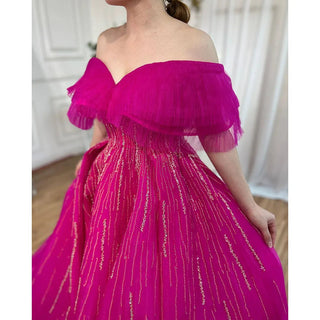 Fuchsia A-Line Luxury Evening Gown 2024: Boat Neck, Beaded for Women Party