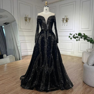 Elegant Arabic Black A-Line Evening Gown with Shiny Beaded Detailing For Women’s Wedding Party 2024