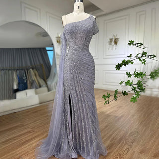 Ships in 1 to 3 Days - Pink One-Shoulder Mermaid Evening Dresses with Cape Sleeve: Luxury Dubai Mint Green Formal Dress for Wedding Party