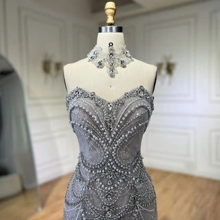 Arabic Silver Strapless Mermaid Evening Gown - Luxury Beaded Pearls and Crystal Embellishments for Women's Party 2024