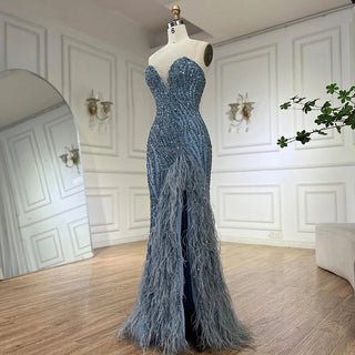 Ships in 1 to 3 Days - 2024 Arabic Strapless Blue Beaded Feathers Luxury Dubai Evening Gowns with Side Skirt for Women's Party