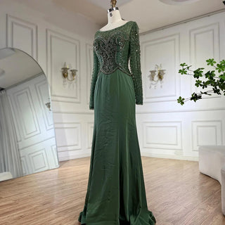 2024 Muslim Elegant Green Satin Mermaid Beaded Luxury Dubai Evening Gown for Women's Party