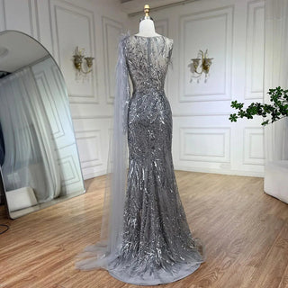 Arabic Silver Gray One-Shoulder Mermaid Evening Gown with Long Cloak - Beaded Elegance for Women's Wedding Party 2024