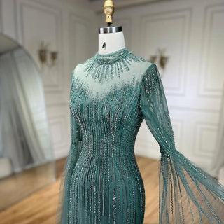 Arabic Turquoise Mermaid Evening Gown with Cape Sleeves and Split, Beaded Detail - Perfect for Women's Wedding, Prom, or Party