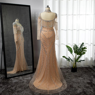 Sexy Silver Nude Tassel Beaded Mermaid Arabic Long Evening Dress - For Women's Wedding Party 2024