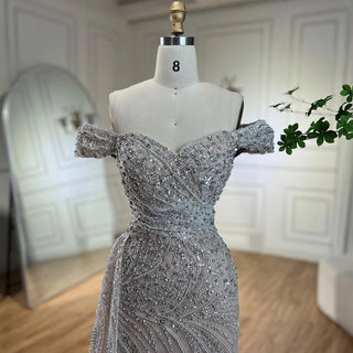 Arabic Silver Nude Mermaid High Split Beaded Luxury Dubai Evening Dress - Women's Wedding Party 2024