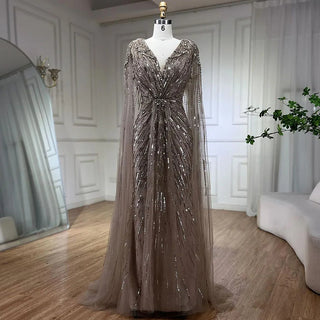 Ships in 1 to 3 Days – Dubai's Luxe Elegance: Sage Green Evening Dresses with Cape, Fuchsia Crystal, and Gold Accents for Women's Weddings and Formal Parties (2024)