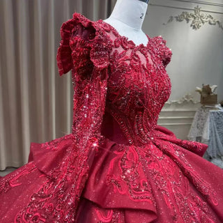 Traditional Red Empire Puffy Ball Gown for Evening Parties