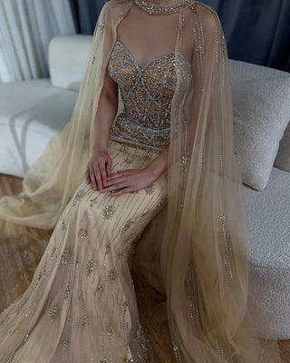 Ships in 1 to 3 Days - 2024 Luxury Nude Saudi Evening Gown with Detachable Cape Sleeves – Beaded Mermaid Dress for Formal Occasions