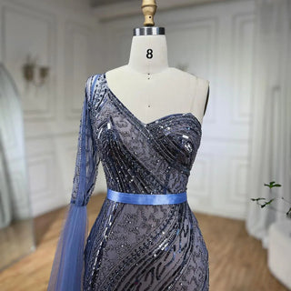 Ships in 1 to 3 Days - 2024 Blue Mermaid One Shoulder Elegant Cap Sleeve Beaded Evening Dress Gown for Women Wedding Party