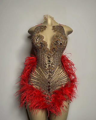 Extravagant Beaded Bodysuit Dress with Red Feather Accents