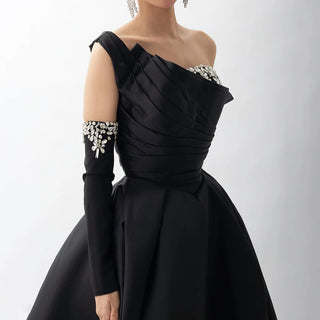 2024 Black One-Shoulder Satin A-Line Beaded Evening Gown with Sleevelets for Women’s Party - Saudi Dress