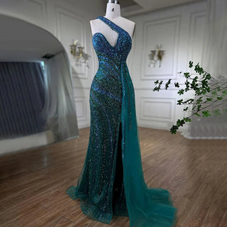 Blue Green Mermaid High Split One Shoulder Beaded Long Evening Dresses Gowns for Women Wedding Party