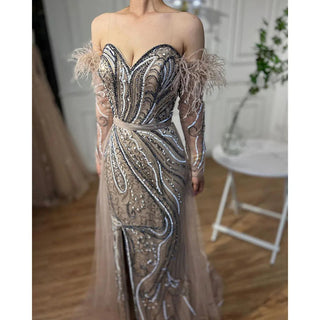 Chic Arabic Luxury Nude Mermaid Evening Dress with High Split, Beaded Feathers - Long 2024 Gown for Women's Wedding Party