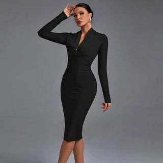 Ships in 1 to 3 Days - High-Quality V-Neck Draped Long Sleeve Bandage Dress - Elegant Knee-Length Dress for Women