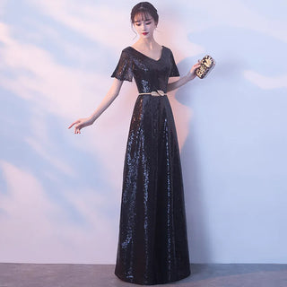 Elegant V-Neck Gold Sequin Prom Dress for Floor-Length A-Line Long Singing Dress