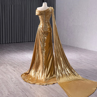 Luxury Golden Slim Ruched Mermaid Evening Party Dresses For Women