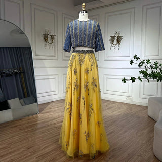 Ships in 1 to 3 Days - Luxury Dubai Blue Yellow 2-Piece Evening Dress - Elegant Long Formal Prom Gown for Women's Wedding Party