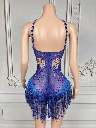 Dazzling Blue Rhinestone Bodysuit with Fringe Detail