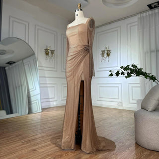 2025 Nude Elegant High-Split Beaded Mermaid Saudi Arabic Evening Gown for Formal Occasions