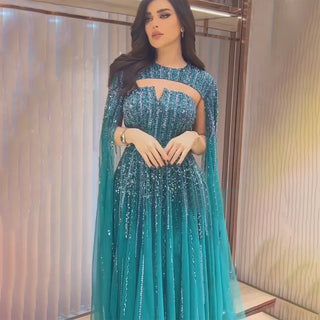 Ships in 1 to 3 Days - Arabic Green Cape Sleeves A-Line Beaded Evening Dress - Long Celebrity Gown for Women's Wedding Party 2024